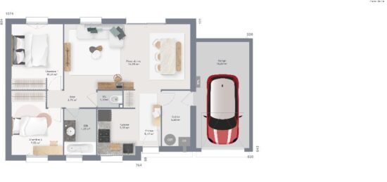 Plan de maison Surface terrain 70 m2 - 4 pièces - 2  chambres -  avec garage 