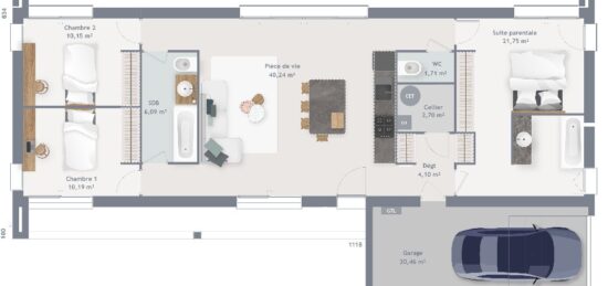 Plan de maison Surface terrain 95 m2 - 6 pièces - 3  chambres -  avec garage 