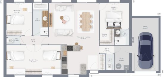 Plan de maison Surface terrain 105 m2 - 5 pièces - 4  chambres -  avec garage 