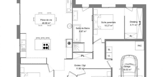 Plan de maison Surface terrain 105 m2 - 4 pièces - 3  chambres -  avec garage 